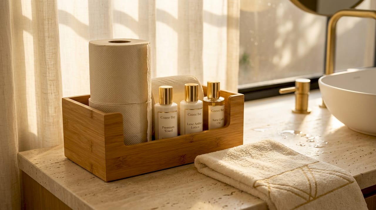Bamboo dispenser with paper rolls in minimalist bathroom