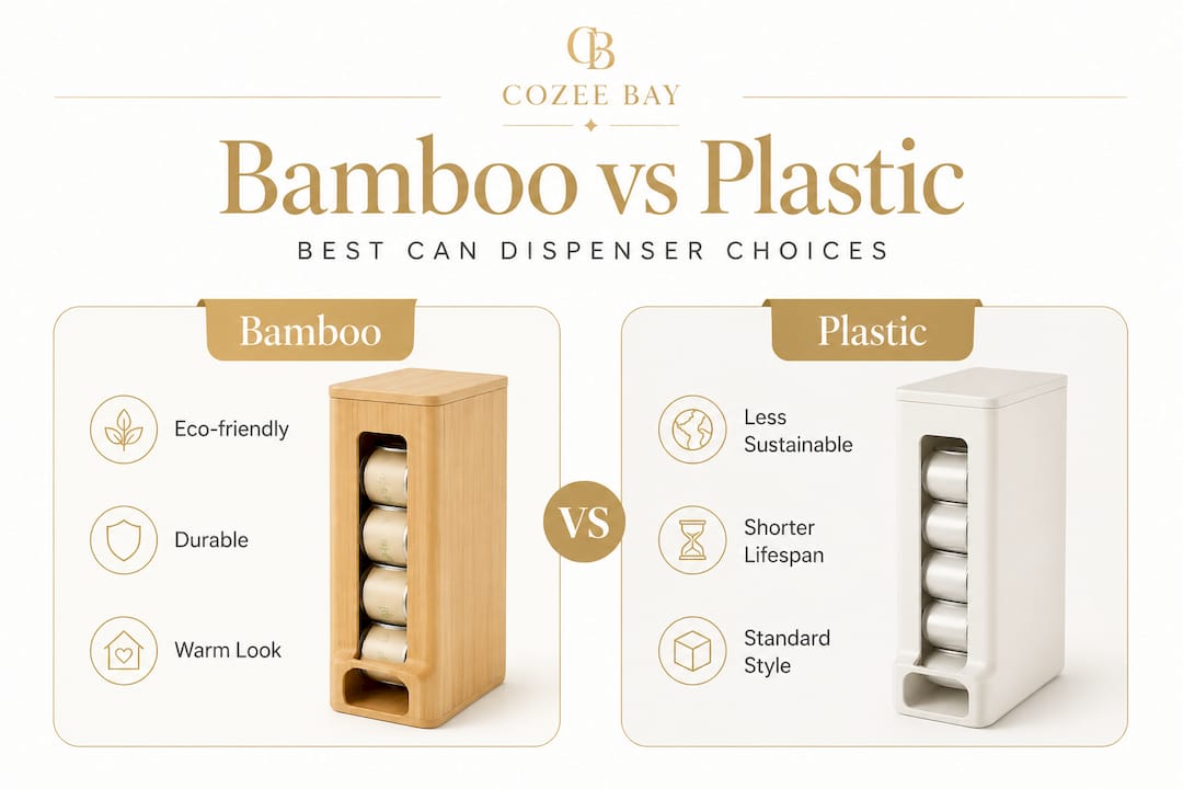 Infographic comparing bamboo and plastic can dispensers