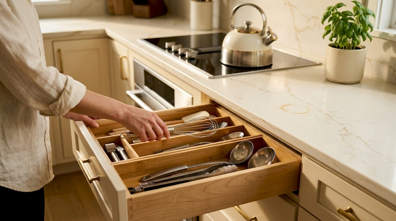 Hands organizing deep drawer with bamboo trays