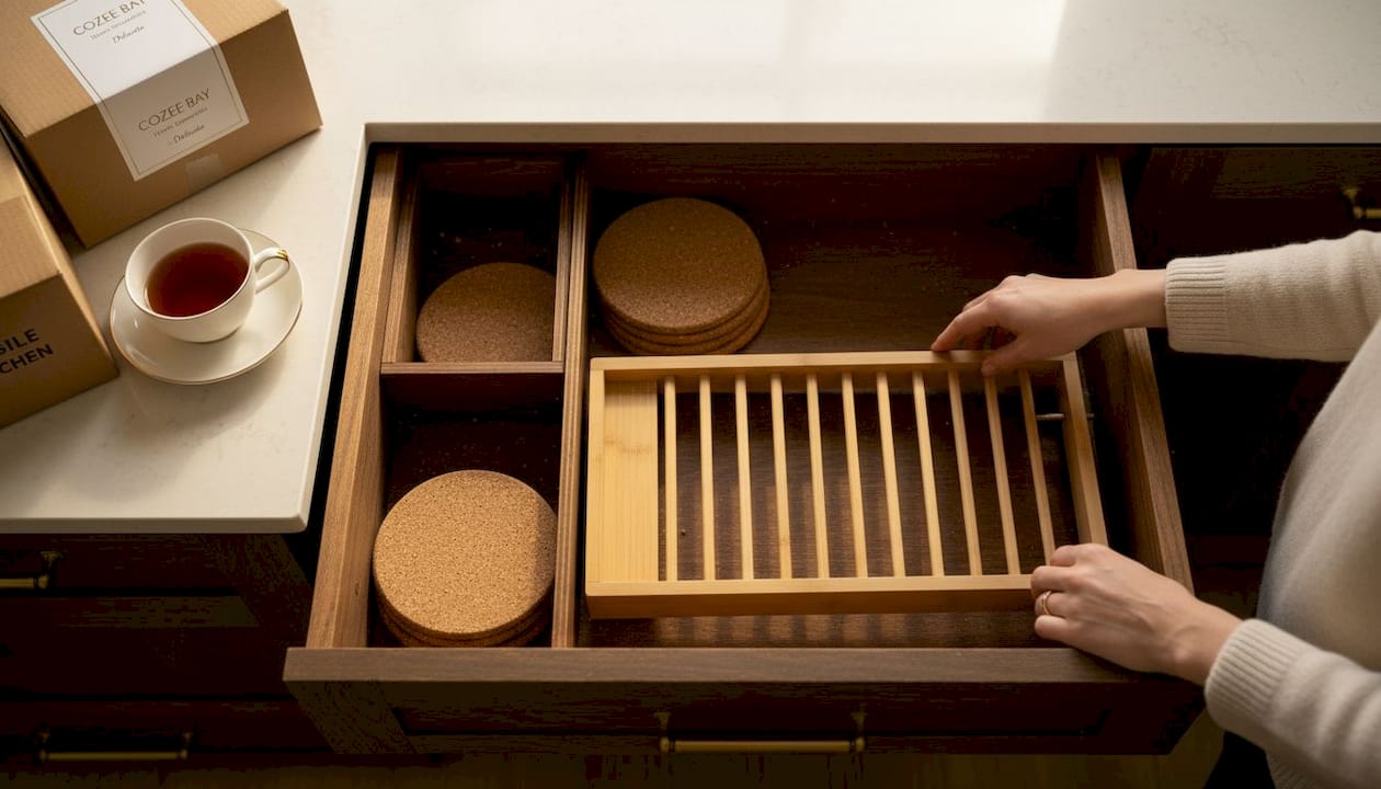 Hand adding bamboo rack to kitchen drawer