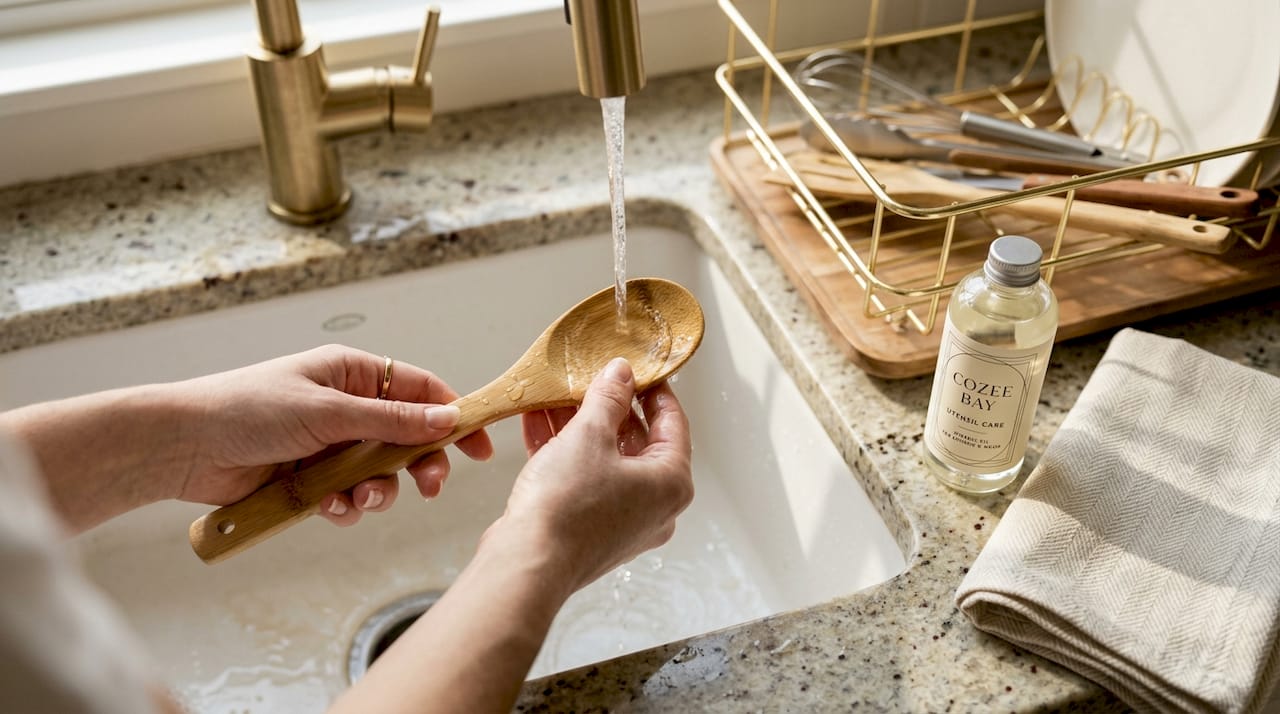 Hands cleaning bamboo spoon at kitchen sink