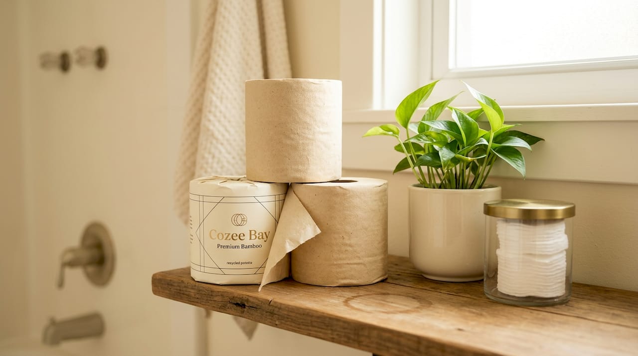 Bamboo toilet paper rolls with plant
