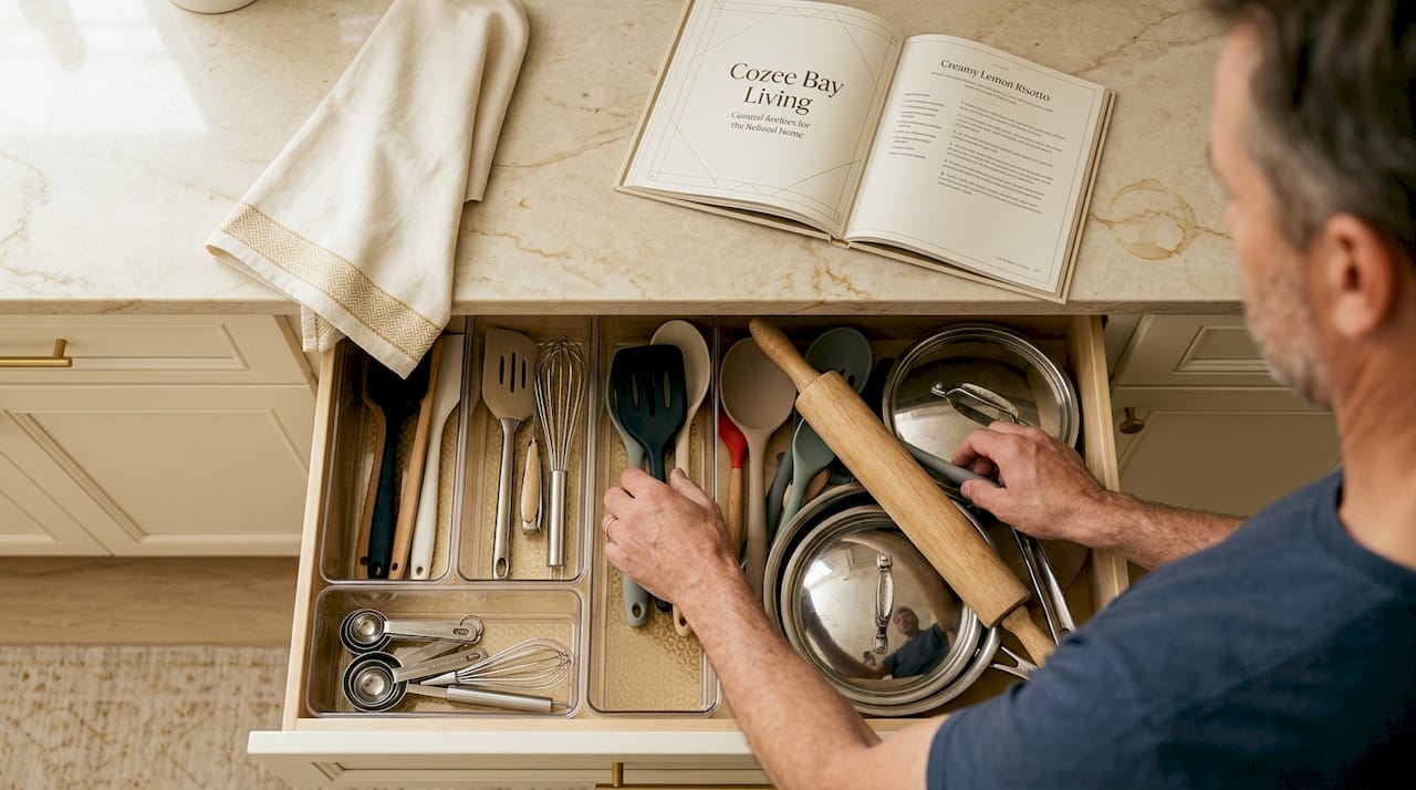 Hands troubleshooting messy deep kitchen drawer