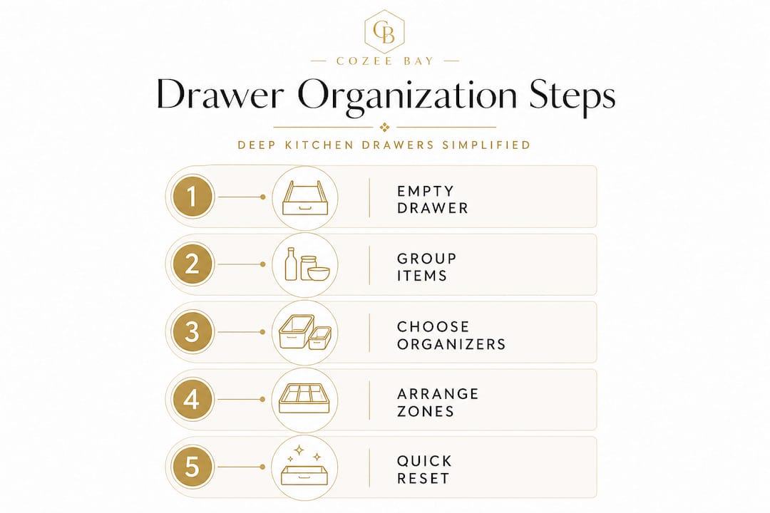 Infographic showing five steps to organize deep kitchen drawers