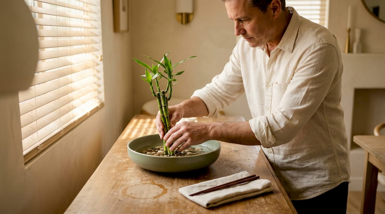 Lucky bamboo arranged in sage ceramic bowl