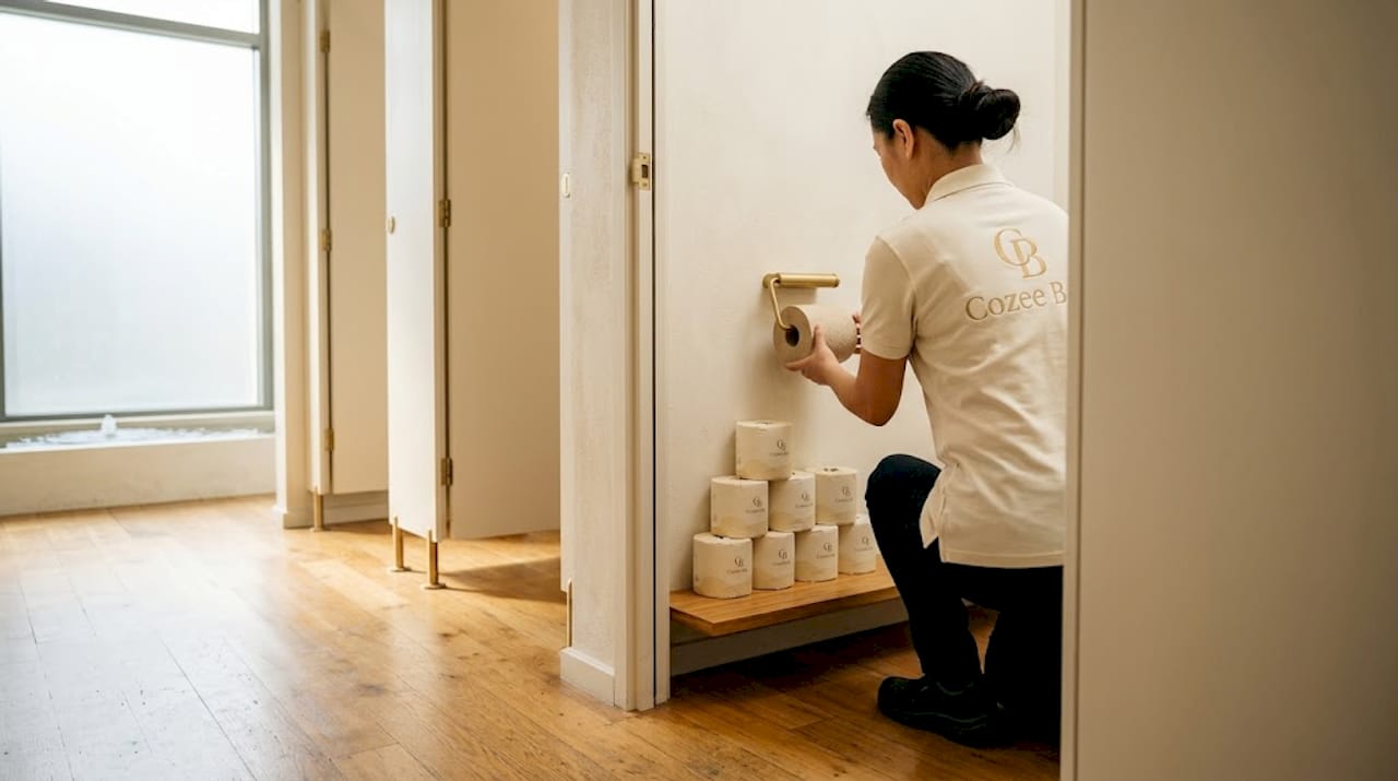 Staff refills recycled paper holder in restroom
