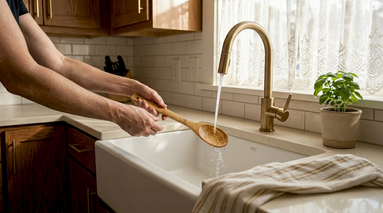 Washing bamboo spoon in home kitchen sink