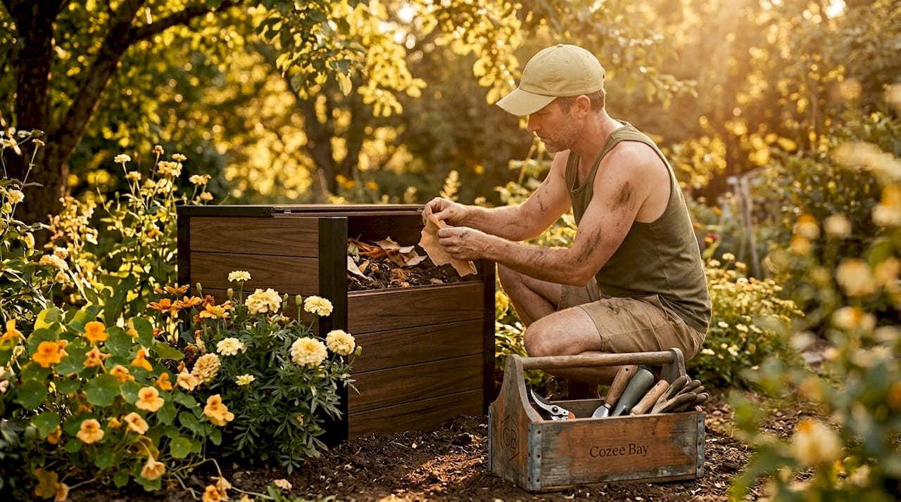 Man adding brown paper to backyard compost