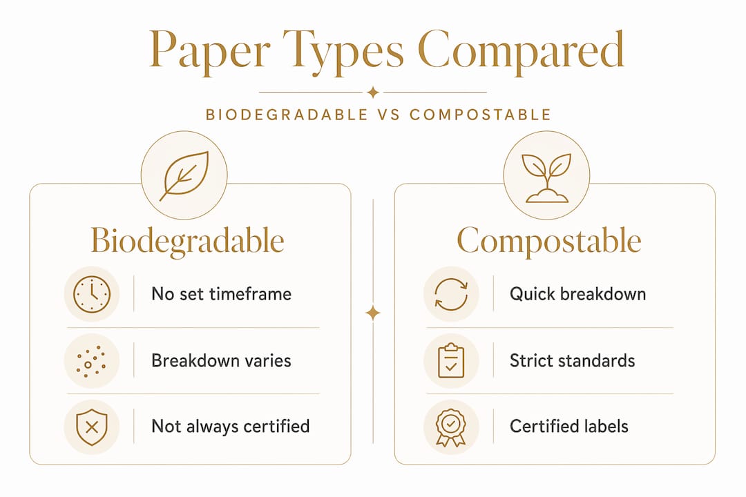 Infographic comparing biodegradable and compostable paper