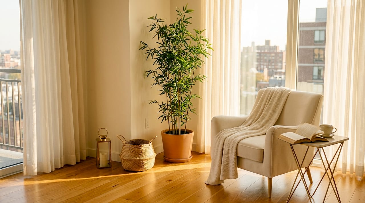 True bamboo in cozy apartment living room corner