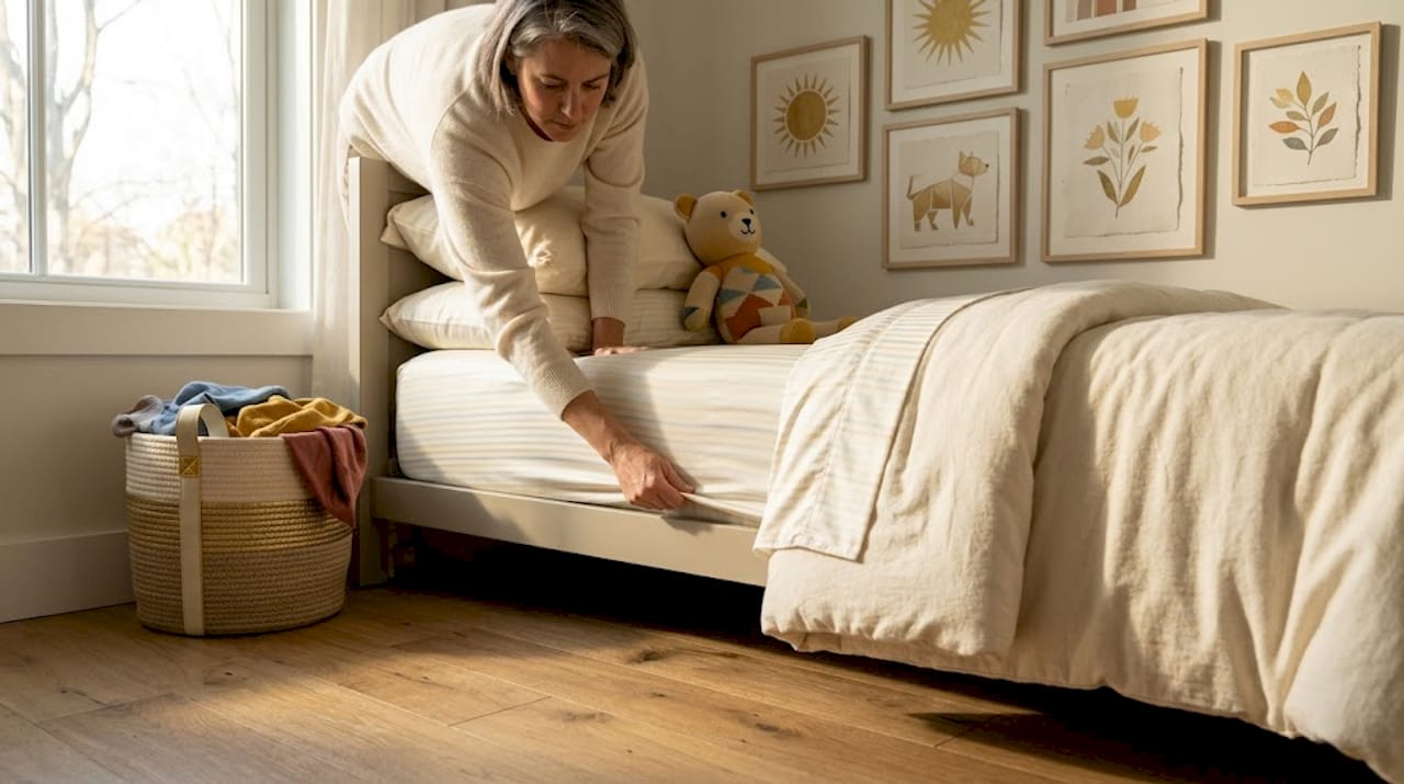 Parent making bed with bamboo bedding