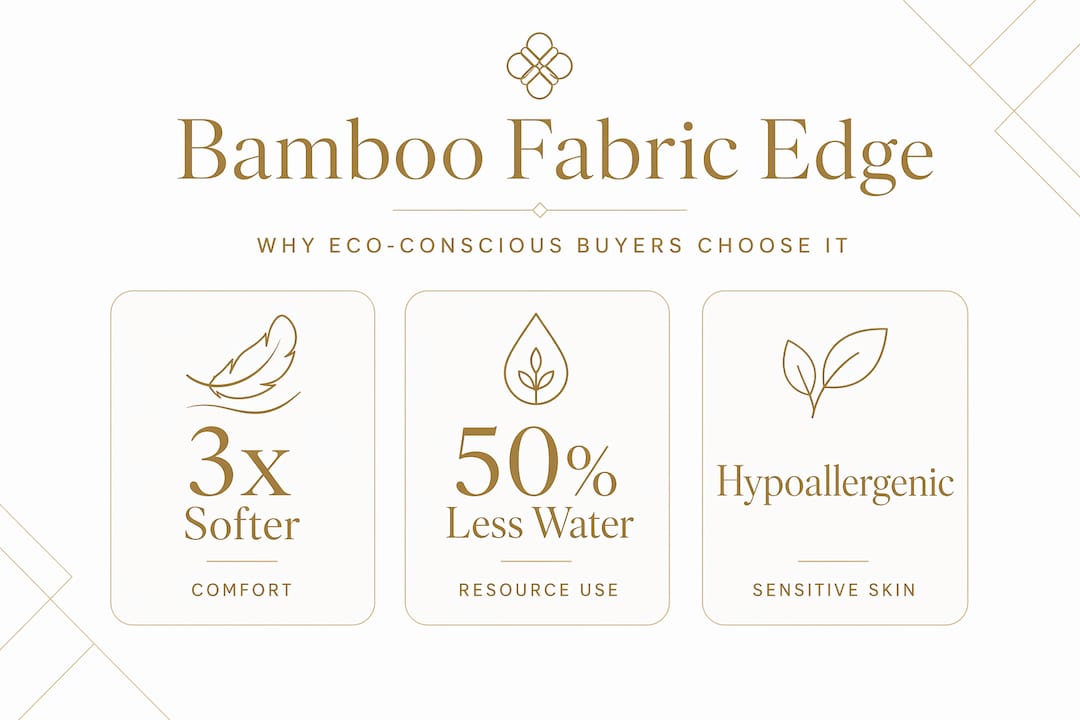 Infographic showing bamboo fabric softness, water use, hypoallergenic benefits