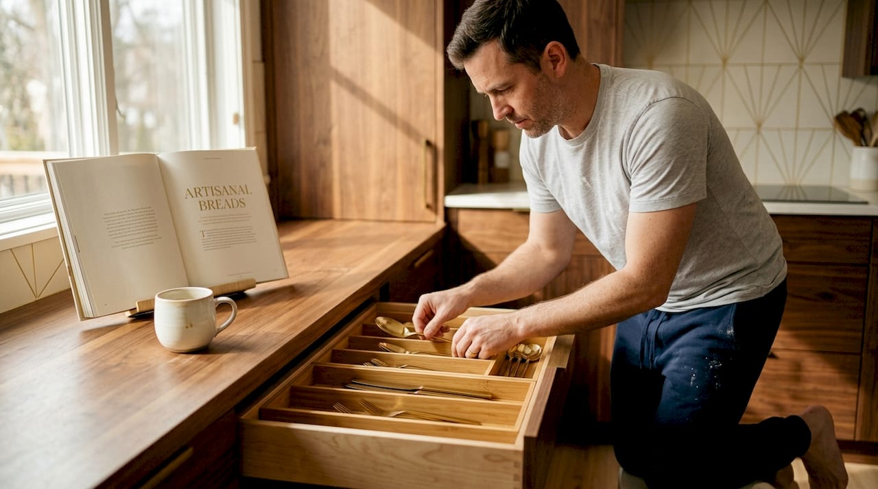 Man organizes deep kitchen cutlery drawer