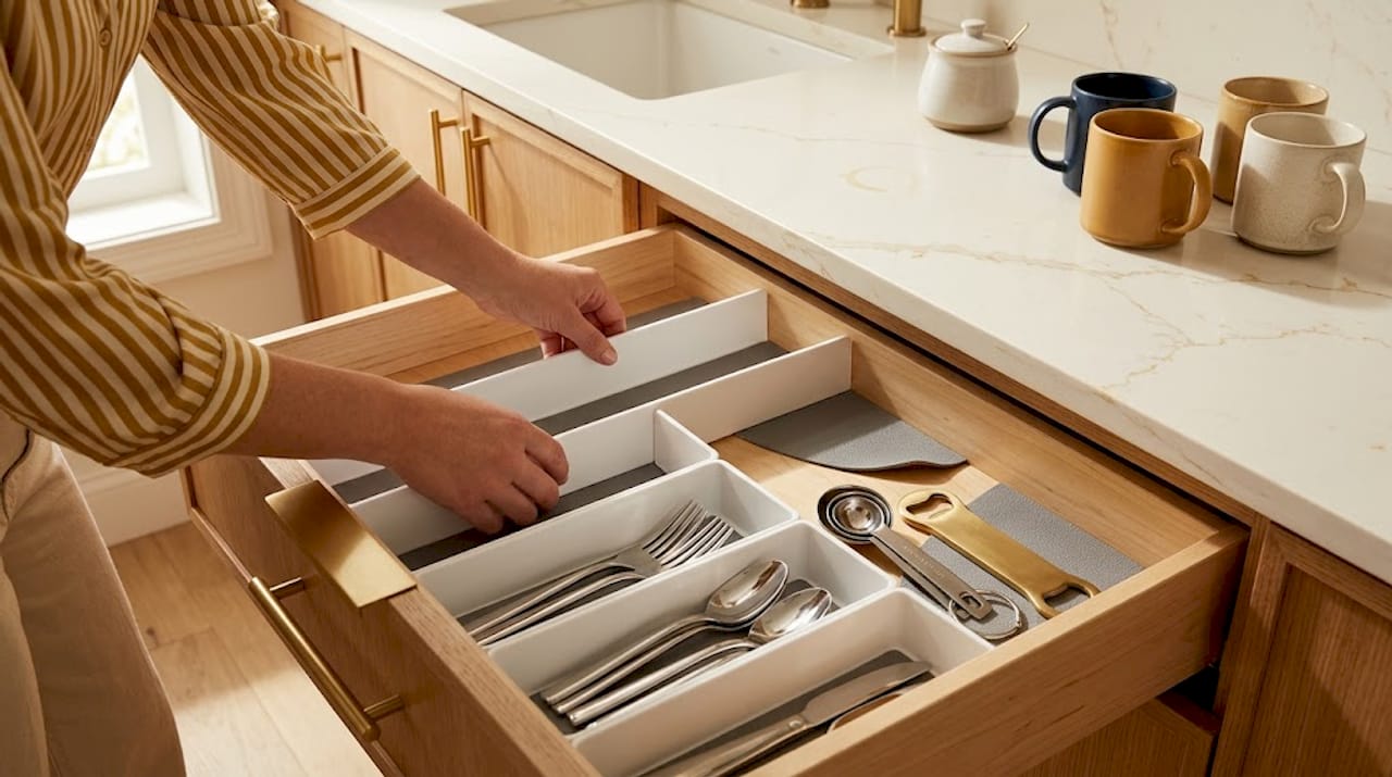 Hands adjusting bamboo kitchen drawer dividers