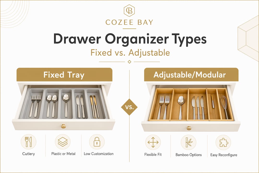 Infographic comparing fixed and adjustable kitchen drawer organizers