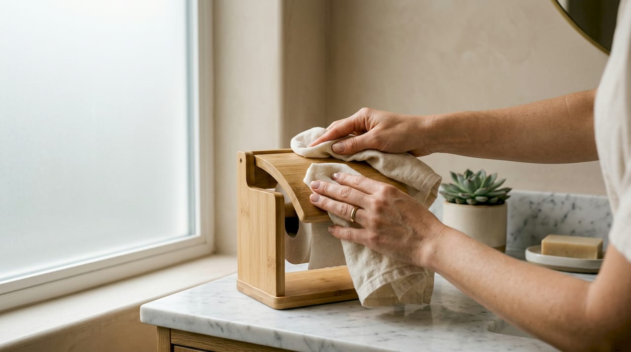 Hands cleaning bamboo toilet paper holder