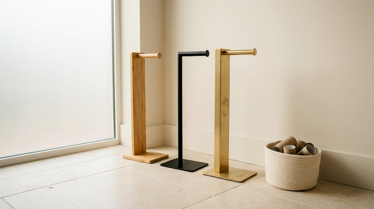 Standing toilet paper holders in bamboo and metal