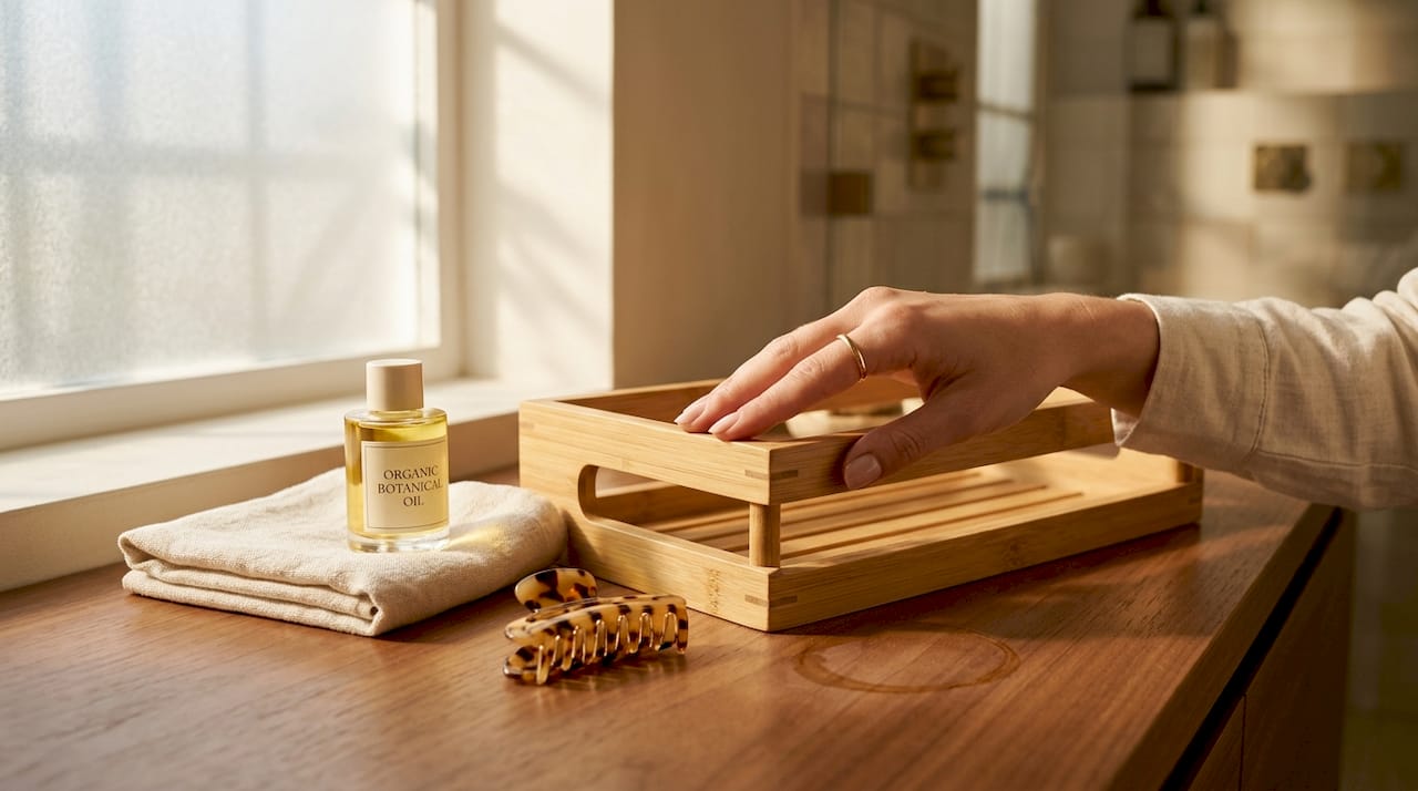 Inspecting slatted bamboo shower caddy details