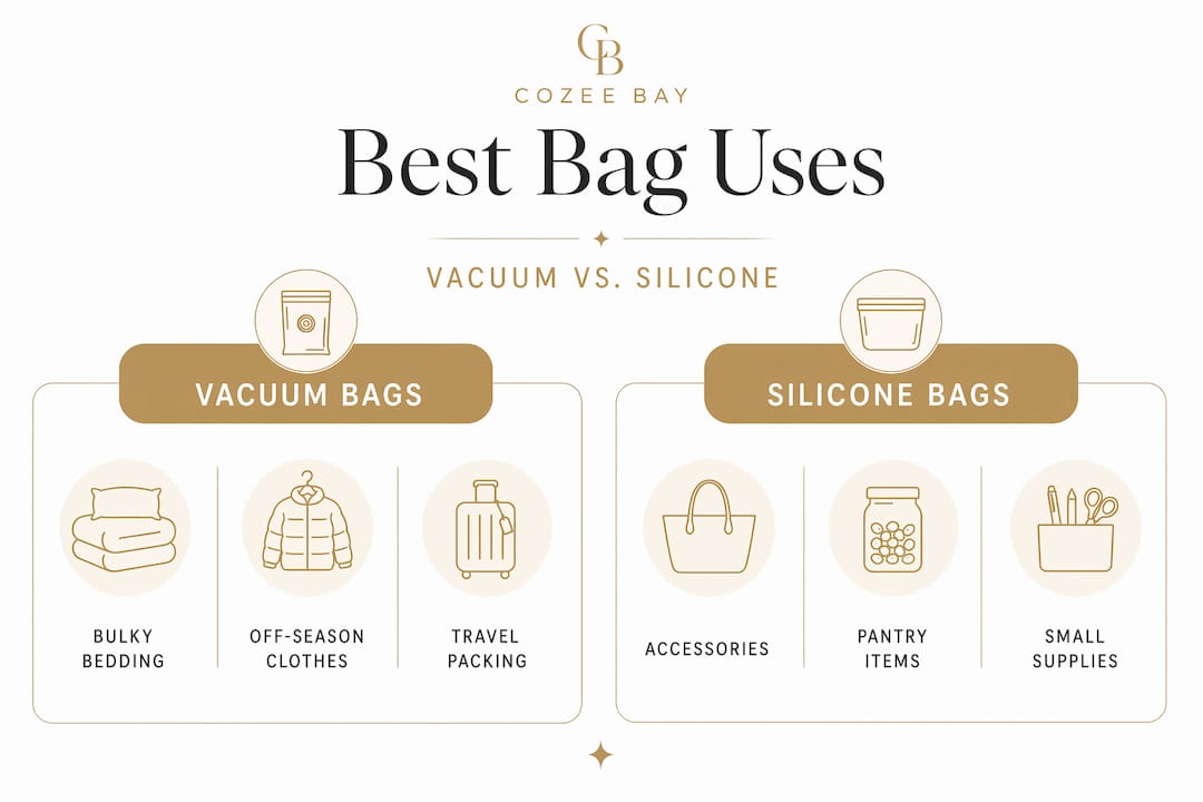 Infographic comparing vacuum and silicone storage bags