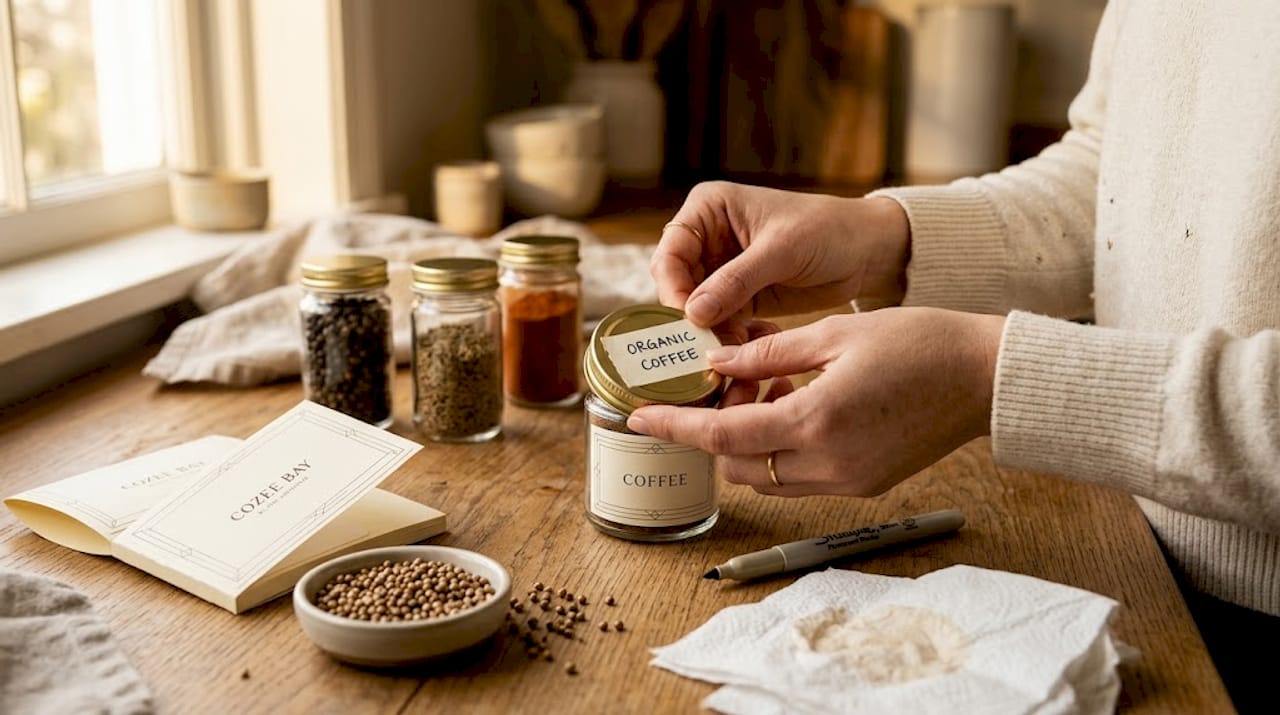 Hands labeling spice jar lid close up