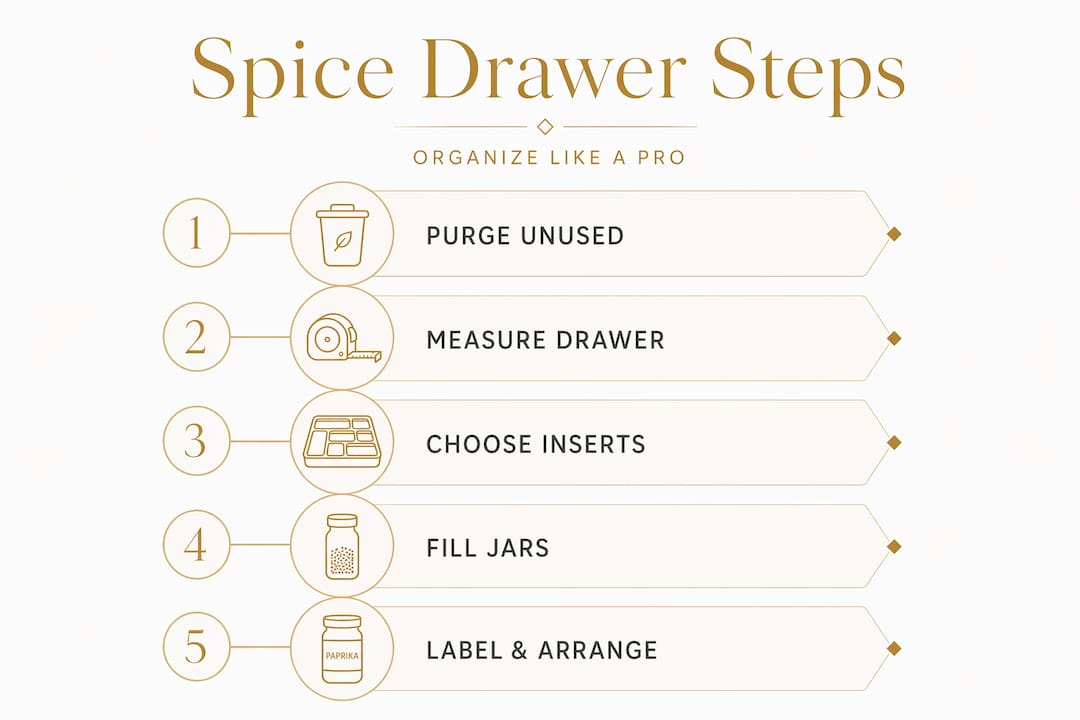 Infographic five steps for organizing spice drawer