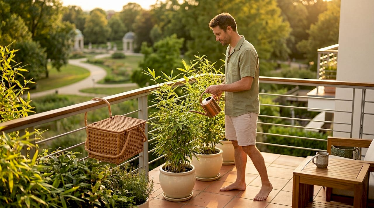 Watering bamboo plants on urban apartment balcony