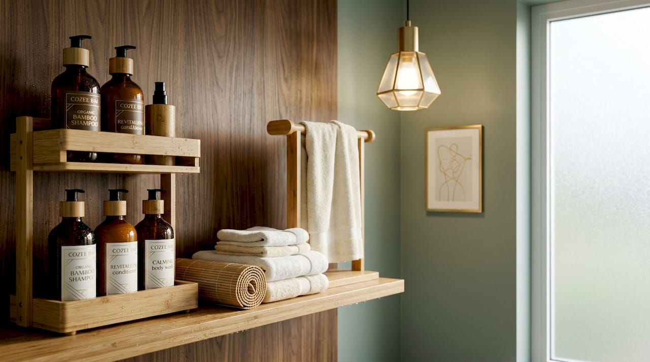 Variety of bamboo bathroom accessories on shelf