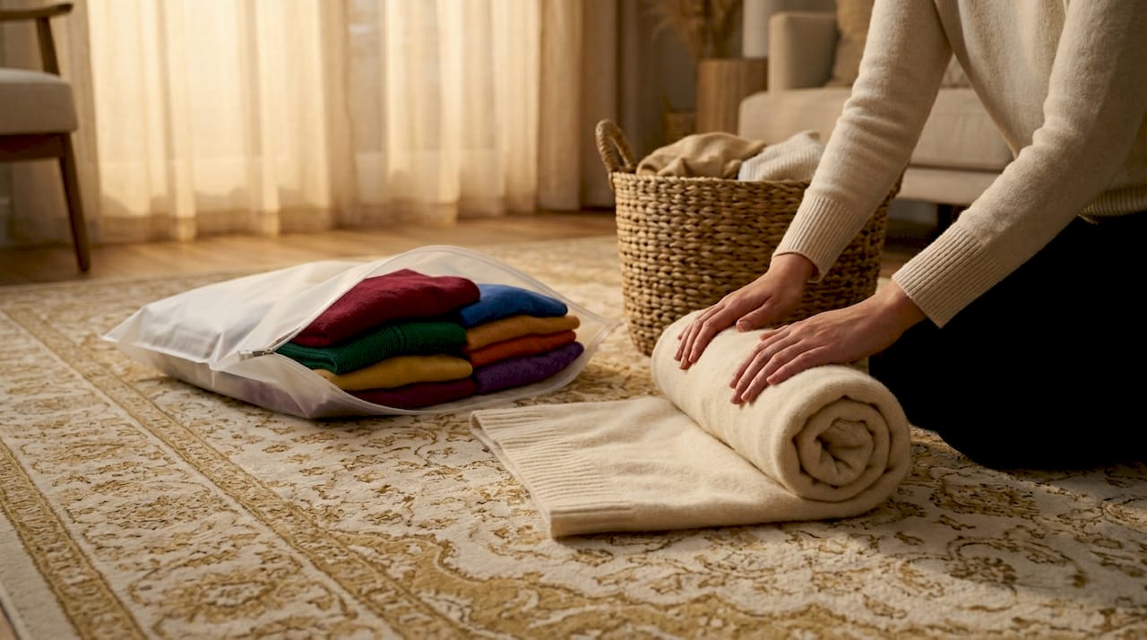 Rolling sweater for vacuum bag compression