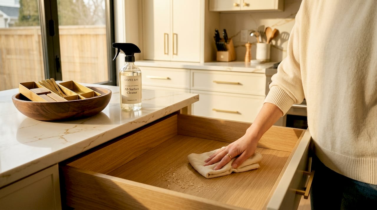 Person cleaning kitchen drawer bottom with cloth