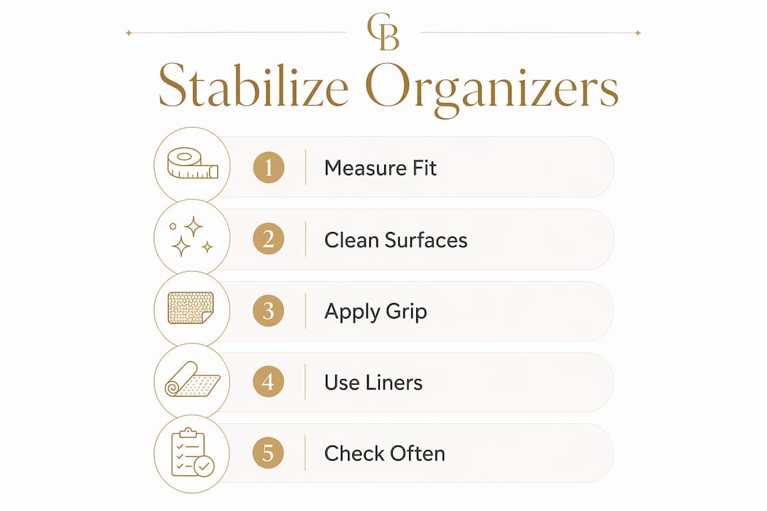 Infographic outlining steps to stabilize drawer organizers