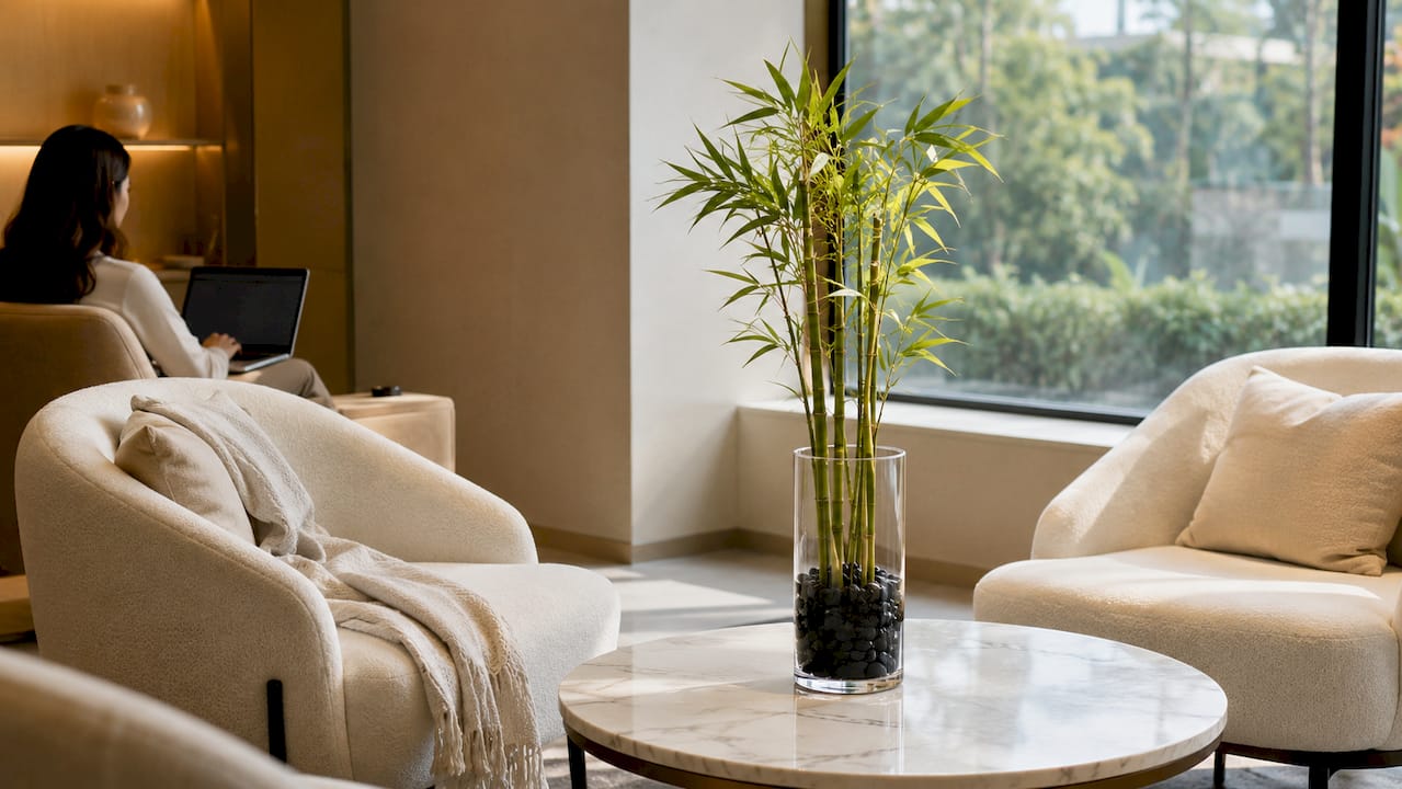 Bamboo centerpiece in modern office meeting room