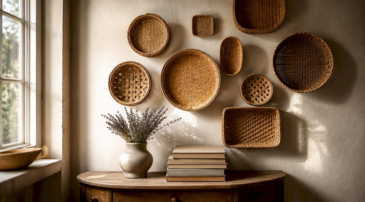 Handwoven bamboo baskets displayed on wall