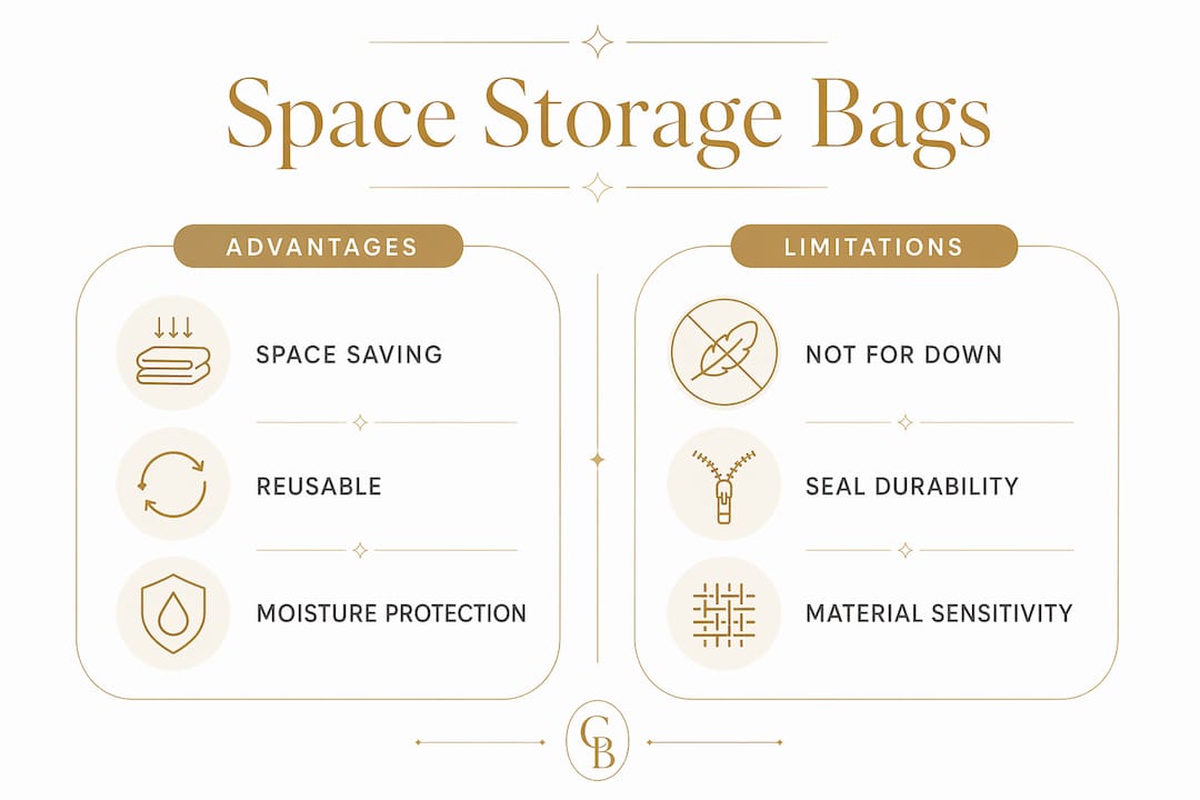 Infographic comparing advantages and limitations of space storage bags
