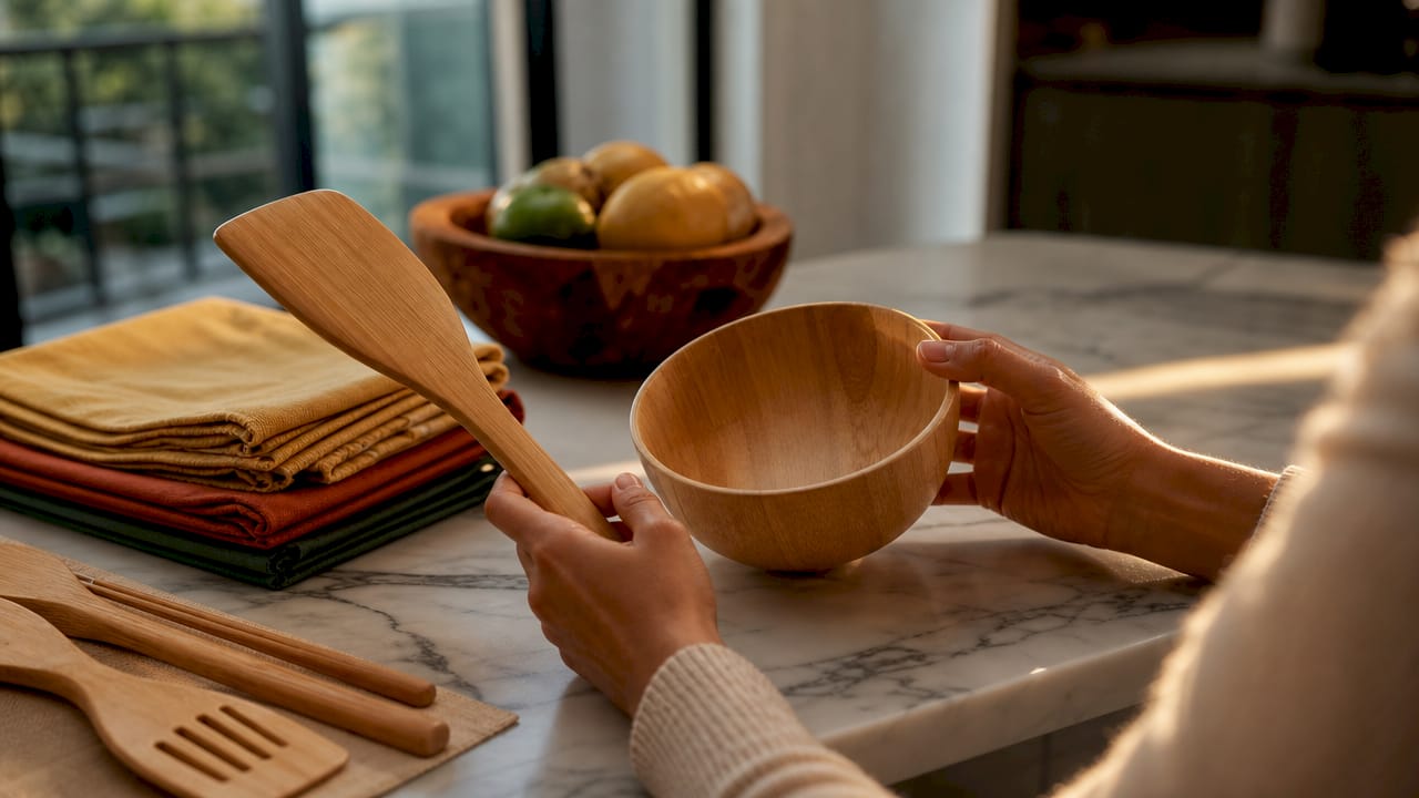 Hands examining bamboo kitchen products closely
