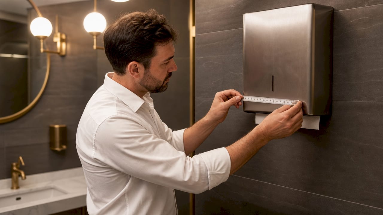 Hands measuring toilet paper dispenser dimensions