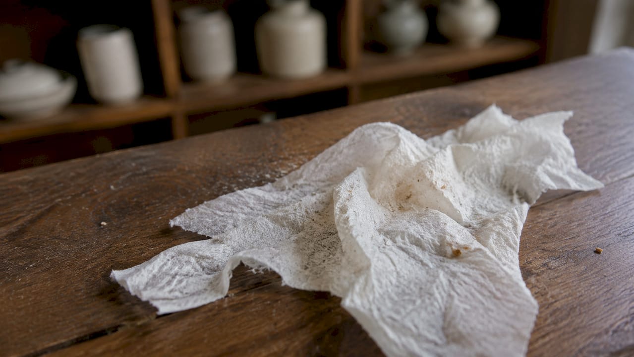 Close-up of wet paper towel fibers on countertop