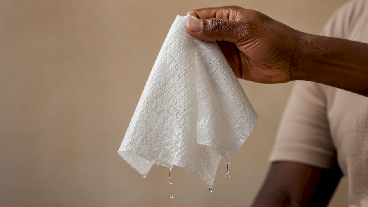 Close-up of paper towel absorbing water droplets