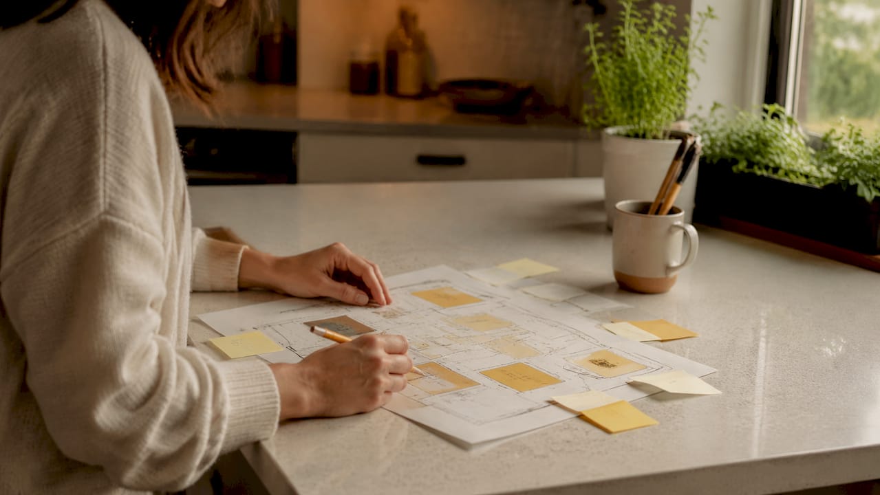 Top-down view of kitchen island zoning sketch and tools