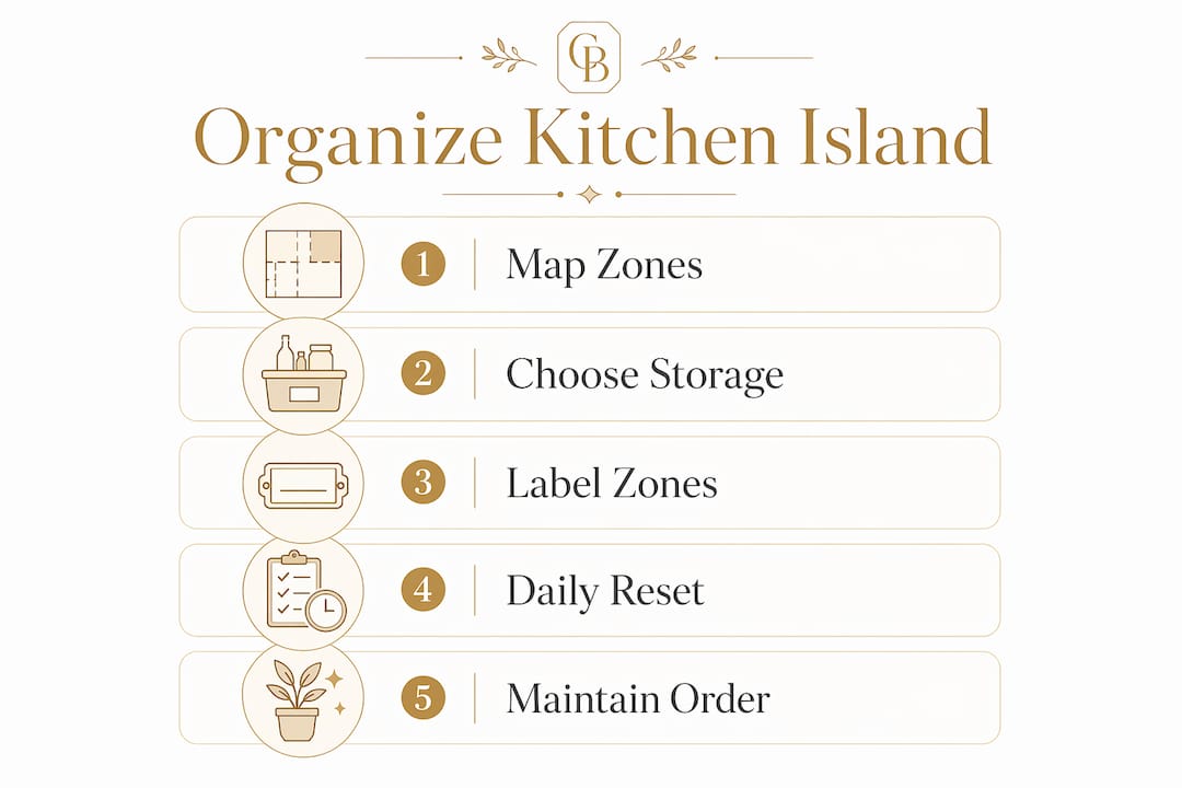 Infographic showing steps for kitchen island organization