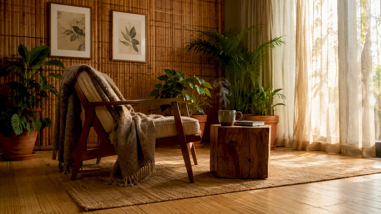 Cozy living room with bamboo accent wall
