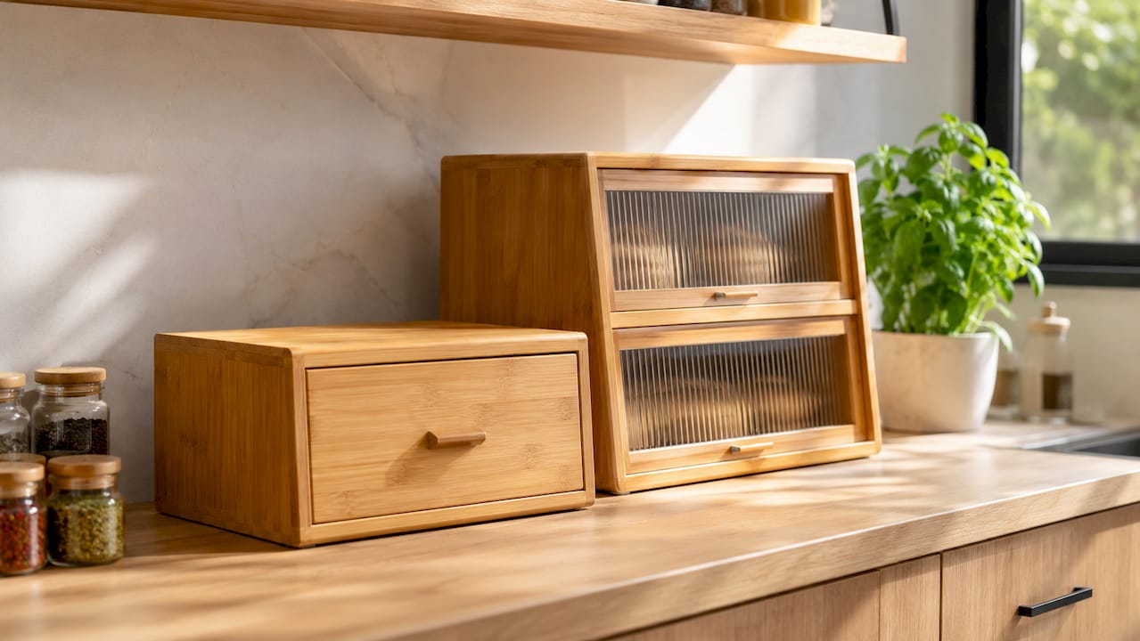 Top view of single and two-tier bamboo bread boxes on kitchen shelf