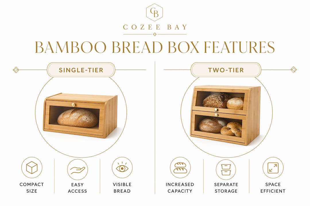 Infographic comparing single-tier and two-tier bamboo bread box features
