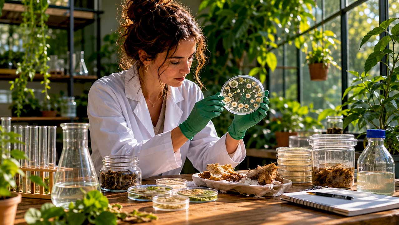 Microbiologist examining biodegradation in lab