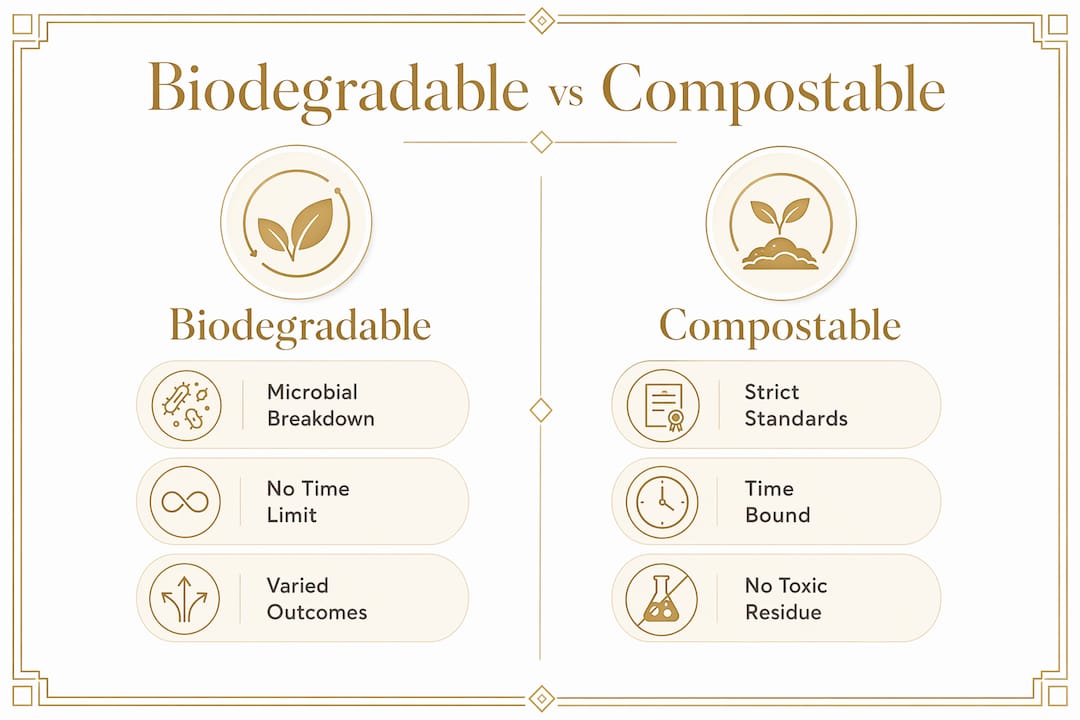 Comparison infographic of biodegradable and compostable materials