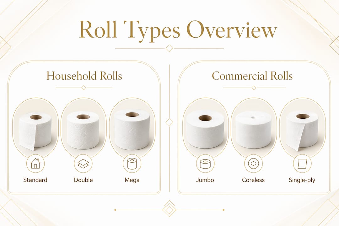 Infographic comparing household and commercial toilet paper rolls