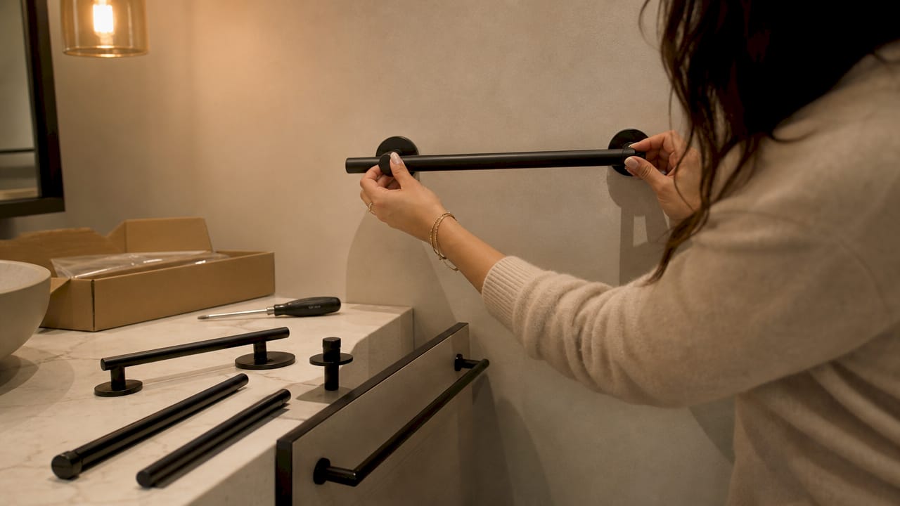 Hands swapping matte black bathroom hardware