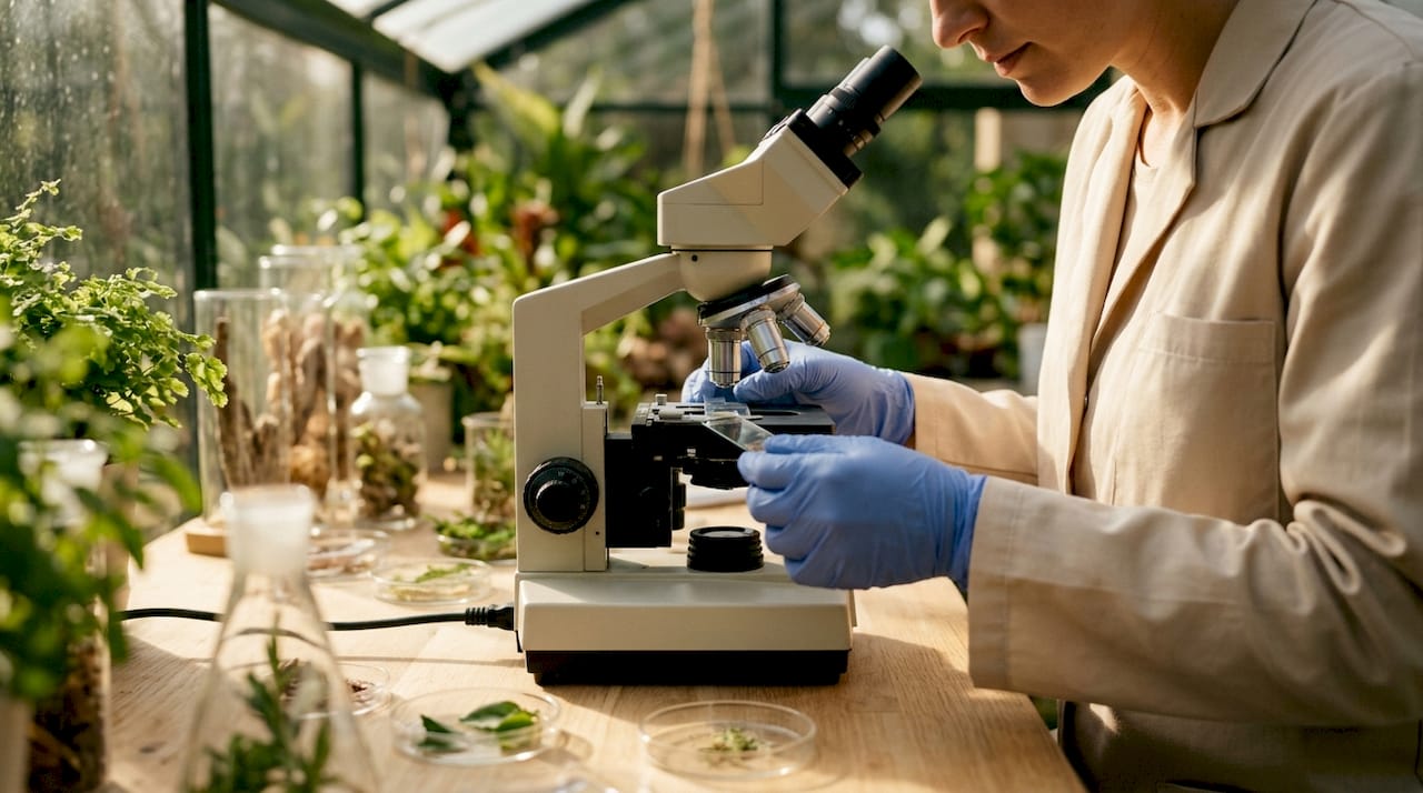 Hands holding microscope slide with microorganisms