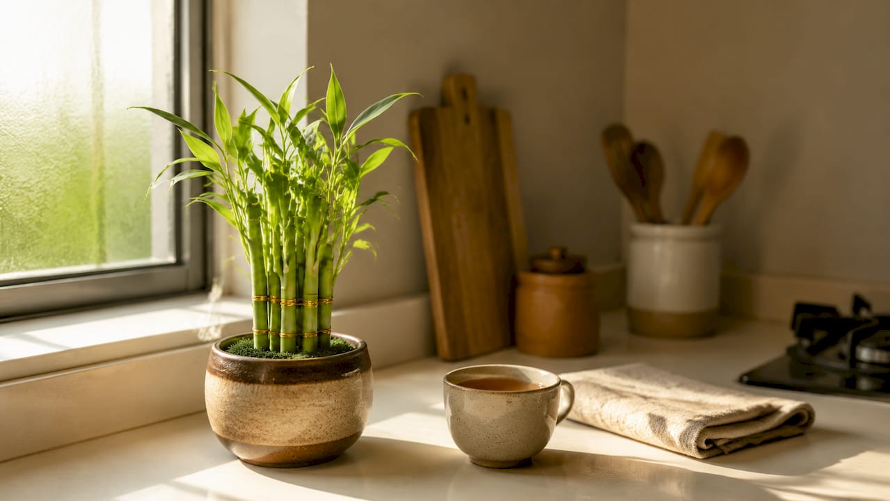 Bamboo plant arranged in compact ceramic pot by window