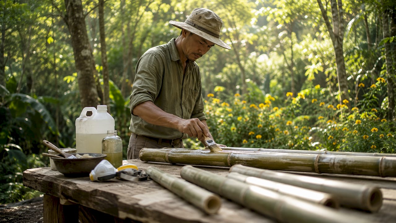 Craftsman treating bamboo culms in workshop