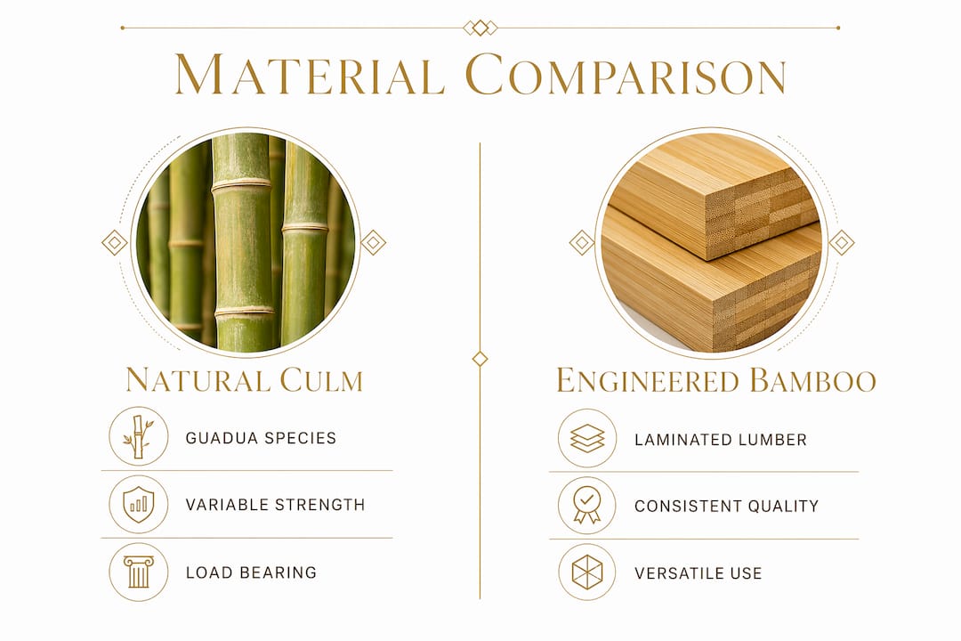 Infographic comparing natural culm and engineered bamboo materials